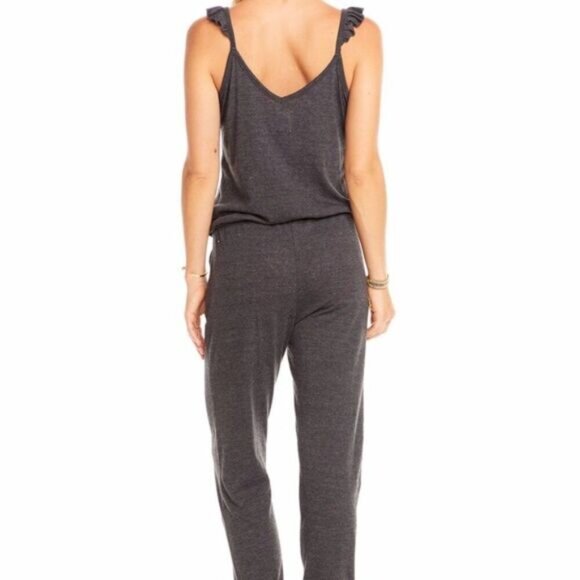 Chaser Triblend Flutter Ruffle V Neck Drawstring Lounge Comfy Jumpsuit Grey M - Picture 2 of 9